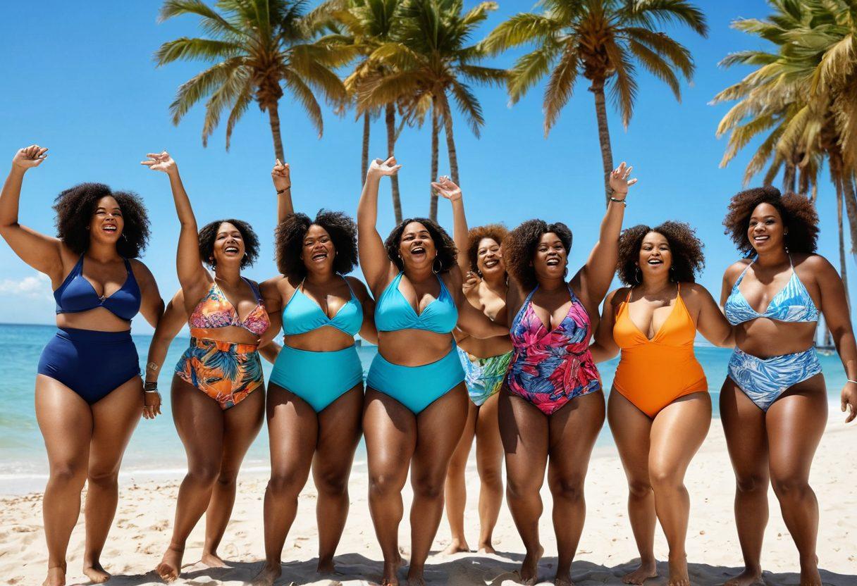 A diverse group of confident individuals of various body shapes and sizes joyfully wearing stylish swimwear at a sunlit beach, showcasing body positivity and empowerment. The scene includes playful splashing in the water and vibrant beach accessories, with a backdrop of palm trees and a clear blue sky. Capture their laughter and camaraderie, emphasizing the beauty in diversity. vibrant colors. super-realistic. summer vibe.