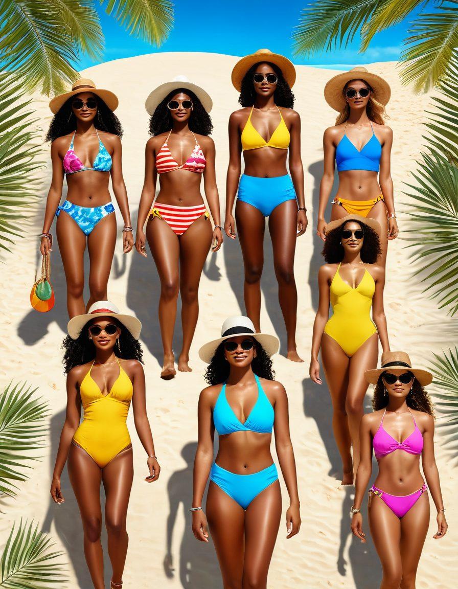 A sun-soaked beach scene featuring diverse models showcasing the latest bikini trends, embodying body confidence and style. The vibrant colors of the swimsuits should pop against the golden sand, while palm trees sway gently in the background. Include stylish beach accessories like hats and sunglasses, along with a clear blue sky and sparkling ocean waves. 3D. vibrant colors. summer vibes.